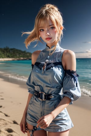  jeanseabreeze, upper body, smile, blush, outdoors, night, simple background, night sky, short hair, sky, beach_background, looking at viewer, moody lighting, jeanrnd, blond_hair, blue_clothes, , Masterpiece, pony_tail, night_beach, beach balls arounds