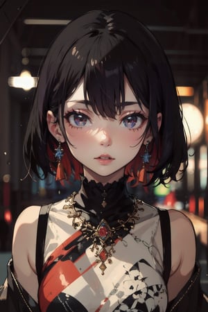 1girl, solo, looking at viewer, short hair, black hair, jewelry, upper body, earrings, parted lips, blurry, lips, depth of field, blurry background, multicolored clothes