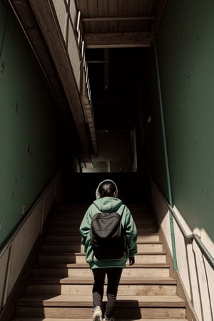 a young Asian girl, dressed in a red hooded sweatshirt, and a blue backpack, is walking down a set of stairs. The girl's back is facing the camera, her right hand is holding a phone in her left hand. The stairs are made of wood, and the sun is shining down on the stairs, casting a shadow on the left side of the stairs. To the right of the girl, there is a green wall with a metal railing on it. Above the railing, a white sign with the number 1 on it is attached to a metal pole. The sign is adorned with a text in a foreign language.