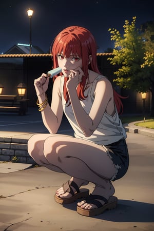 1girl, solo, long hair, looking at viewer, bangs, red eyes, shirt, black hair, holding, jewelry, full body, white shirt, outdoors, food, shorts, sleeveless, nail polish, bracelet, short shorts, night, eating, sandals, squatting, tank top, holding food, building, hand on own face, popsicle, ice cream ,flash,flashlight,makima \(chainsaw man\) , red_hair , red_eyes ,makimacsm,masterpiece