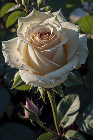 Generate a visually striking image of a realistic rose, capturing its delicate beauty and intricate details with stunning accuracy.

Botanical Realism: Picture a single rose meticulously rendered to showcase its natural form, texture, and coloration. Each petal should be exquisitely crafted, with lifelike veins, subtle gradients, and delicate edges.

Subtle Imperfections: Incorporate subtle imperfections characteristic of real roses, such as slight variations in petal shape, imperceptible blemishes, and tiny water droplets clinging to the surface.

Natural Lighting: Illuminate the rose with soft, natural lighting to enhance its realism and depth. Allow gentle shadows to accentuate the curves and contours of the petals, adding dimensionality to the image.,Masterpiece,Illustration,white_aesthetics