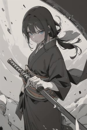 1girl, solo, long hair, black hair, holding, weapon, japanese clothes, sword, kimono, holding weapon, sash, holding sword, katana, sheath, black kimono, unsheathing , perpestive view