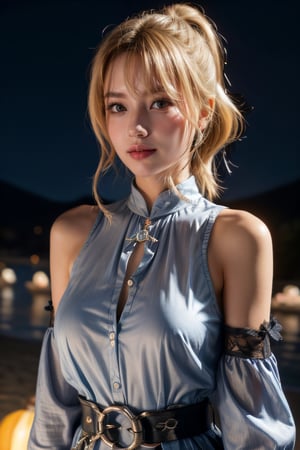 , jeanseabreeze, upper body, smile, blush, outdoors, night, simple background, night sky, short hair, stars in sky, lantern_festival_background, looking at viewer , moody lighting,jeanrnd , blond_hair , blue_clothes,,Masterpiece , pony_tail, night_beach ,  , glowing_lantrens 