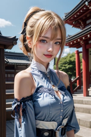  jeanseabreeze, upper body, smile, blush, outdoors, day, simple background, blue sky, short hair, sky, Asakusa temple, looking at viewer, stairs, Tokyo tower, moody lighting, jeanrnd, blond_hair, blue_clothes, , Masterpiece, pony_tail