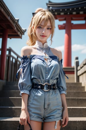  jeanseabreeze, upper body, smile, blush, outdoors, day, simple background, blue sky, short hair, sky, Asakusa temple, looking at viewer, stairs, Tokyo tower, moody lighting, jeanrnd, blond_hair, blue_clothes, , Masterpiece, pony_tail