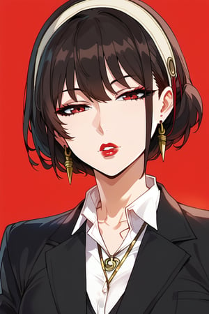 1girl, solo, looking at viewer, short hair, simple background, brown hair, shirt, black hair, jewelry, jacket, white shirt, upper body, earrings, parted lips, collared shirt, medium hair, necklace, black jacket, head tilt, makeup, formal, half-closed eyes, suit, lipstick, red background, red lips,yorforger