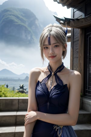 , ningguangorc, upper body, smile, blush, outdoors, day, simple background, blue sky, short hair, sky, temple, looking at viewer, stairs, mountain, moody lighting, facing viewer,