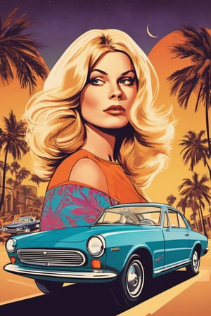 create a visually stunning comics poster with blond girl from 60s in hippy style, palms and cars on the background, Perfect composition, filigree, sharp colors, hyperrealism, detail, dynamic light, cinematic light, unfocused dark background, retro