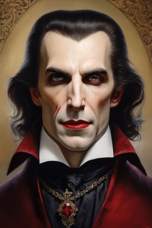 create a visually stunning and master oil painted portrait of Count Dracula from 19th century, facing straight into the camera. Perfect composition, filigree, sharp colors, hyperrealism, detail, dynamic light, cinematic light, unfocused background, daniel Ridgeway knight, Konstantin Razumov, Jean Baptiste Monge
Describe the subject in intricate detail, focusing on the following aspects:

Half-Body Composition: Specify that the vampire man should be portrayed from the waist up, showcasing its upper torso and head in a dynamic and engaging manner.

Facial Features: Pay special attention to Dracula’s face, emphasizing its cold, evil stare and sadistic grin, pale skin and bloody mouth. Render the intricate details of its teeth and other facial components with unparalleled precision.

Emotion: devious smirk
