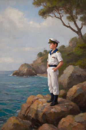 a young sailor stand atop of a seaside rock looking away