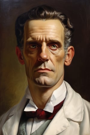 create a visually stunning and master oil painted portrait of Doctor Frankenstein from 19th century, facing straight into the camera. Perfect composition, filigree, sharp colors, hyperrealism, detail, dynamic light, cinematic light, unfocused background, daniel Ridgeway knight, Konstantin Razumov, Jean Baptiste Monge
Describe the subject in intricate detail, focusing on the following aspects:

Half-Body Composition: Specify that the man should be portrayed from the waist up, showcasing its upper torso and head in a dynamic and engaging manner.

Facial Features: Pay special attention to doctor's face, emphasizing its cold, evil stare and sadistic grin, pale skin. Render the intricate details of its teeth and other facial components with unparalleled precision.
