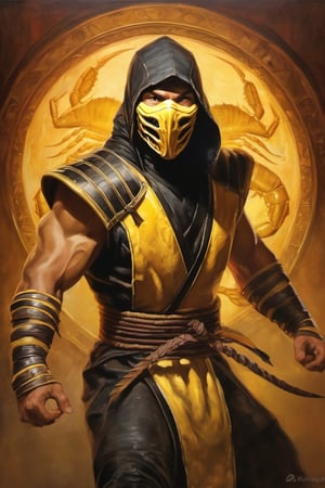 Scorpion from Mortal Kombat, 5th century, old master oil painting, perfect composition, filigree, sharp colors, hyperrealism, detail, dynamic light, cinematic light, unfocused background, daniel Ridgeway knight, Konstantin Razumov, Jean Baptiste Monge