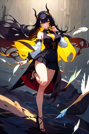 ultimate form, perfectly shaped hands, (masuter piece:1.3), (absurderes:1.3), (Ultras_Definition:1.3), incredibly detailed, beautifully painted, muscular, woman, Large_breasts, blacklong straight hair,black hair,yellow eyes,,very long hair between eyes, absurdly long hair, hime cut, messy long hair, asymmetrical bangs, Blunt bangs, beautiful detailed cold face, smirk, complex details beautiful and delicate eyes, black cloth,, black coat,black pleated skirt,black collared shirt, yellow necktie, luminows eyes, horns, collar, frozen feathers, wrist_cuffs, kimono, detached_sleeves, high_heels, formal, cleavage_cutout, unmoving_pattern, grey Clothes, spirit, on the battlefield, extremely beautiful detailed anime face and eyes, full body, Dutch Golden Age painting, motion blur, dutch angle, (Best Quality:1.3), UHD, retina, highres, high quality, textured skin, anatomically correct, super detail, high details, Deep sea background, acrobatic pose, Stylish Pose, All kinds of weapons were floating around the statue, blurry,  very fine 8K CG wallpaper, very precise detailed, very fine 8KCG wallpapers