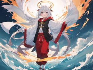 chinese dragon, a beautiful detailed girl in Washitsu, high school DxD, delicate glow, looking_at_viewer, zoom in on eyes, walking motion, shiny_skin, muscular, mature, long hair, bob cut, hair pulled back, hair intakes, white hair, gradient hair, long hair flowing with the wind, Delicate facerain, nervous, thick_eyebrows, beautiful eyes, armsbehind back, normal hands, flat chestbest quality, red jewelry, beautiful hair decoration, sunglasses, grand feathers, white_gloves, floating object, closed firebrick robe, black_shirt, black_pants, socks, dissolving dress, hood_down, bare_legs, cow_print, blue Clothes, gold halo around girl, randomly distributed clouds, wave, manga cover, very precise detailed, extremely CG, lowres, (masuter piece:1.3), (absurderes:1.3), (best_quality:1.3), shiny_skin, acrobatic pose, POV anime style, Stylish Pose, motion line, ukiyo-e, minimalism, Dutch Angle, Motion Blur