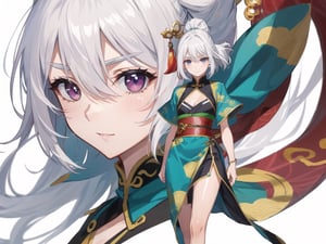 chinese dragon, a beautiful detailed girl in Washitsu, high school DxD, ukiyo-e, delicate glow, looking_at_viewer, zoom in on eyes, walking motion, shiny_skin, muscular, mature, long hair, bob cut, hair pulled back, hair intakes, white hair, gradient hair, long hair flowing with the wind, Delicate facerain, nervous, thick_eyebrows, beautiful eyes, , armsbehind back, normal hands, flat chestbest quality,