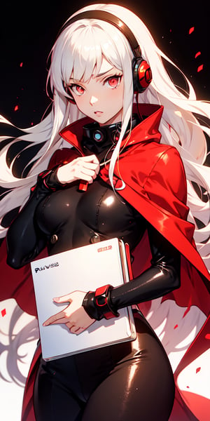 An androgynous person with a notebook and a red background, white hair, red eyes, red capelet, Asuka Langley, Persona 5 Art Style Wlop, Zero Two, Asuka Langley Sohryu, Asuka Langley Soryu, Asuka Langley Souryu, Ann Takamaki from Persona 5, with headphones, Persona 5 Style, Ilya Kuvshinov with long hair, Nightcore
