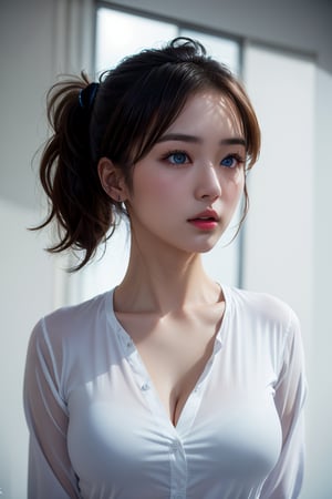 photorealistic, masterpiece, best quality, raw photo, 1girl, (side ponytail), blue eyes, detailed eyes and face, medium breast, white shirt, dynamic lighting, in the dark, deep shadow, low key, full_body,asian girl