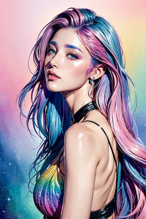 (masterpiece, top quality, best quality,watercolor (medium),official art, beautiful and aesthetic:1.2),(1girl:1.3), (fractal art:1.3),upper body, from side, looking at viewer,patterns,(rainbow color Hair,colorful hair,half blue and half pink hair:1.2),water,liquid, cloud,colorful, starry,stars,sitting moon