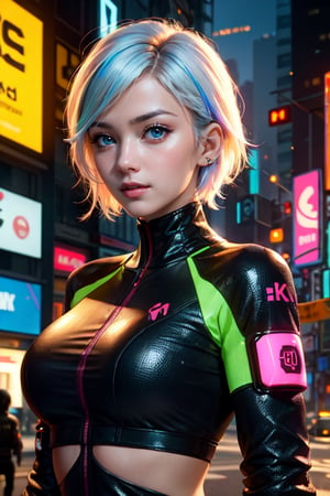 ((masterpiece)), (best quality), beautiful, extremely detailed face, perfect lighting,ultra-detailed, 8k,textured skin, beautiful detailed face, beautiful detailed eyes, realistic shadows, beautiful detailed pupils, cute,detailed fingers,mature female,lucy \(cyberpunk\), 1girl, neon palette, science fiction, short hair, solo, close up, cyberpunk edgerunners,multicolored hair,White hair, night time , ,multicolored eyes, cyberpunk, medium breast, clothed,outdoor, cyberpunk city background,asian girl