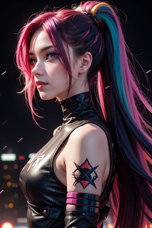 the portrait of a woman with colorful paint on her hair, in the style of cyberpunk manga, bold color palette, gothcore, charming characters, dc comics, hd, pop-culture-infused, detailed, realistic, 8k uhd, high , and her long hair is styled in a sleek updo,	 SILHOUETTE LIGHT PARTICLES,DonMASKTex ,1girl, roujinzhi