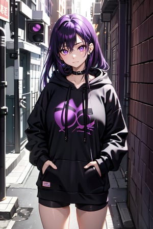 Purple Eyes Purple hair and wearing a short black Hoodie Beautiful girl with long hair sparkling eyes she is beaming in the morning wearing a headset Black Cat Tomboy Girl is in an alley full of graffiti,asian girl,yorha type a no. 2