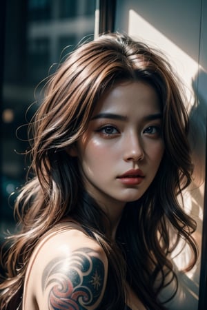 (masterpiece photography), (8k potrait) of extremely beautiful and gorgeous girl with a very long hair that covers one of her eyes smoking, Dragon tattoos,asian girl