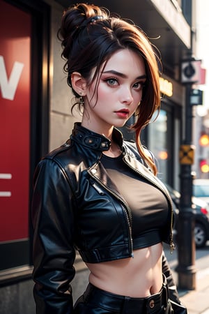 An ultra-realistic CG illustration of an american woman with a piercing gaze and bold makeup. She's wearing a leather jacket with a crop top, ((and her long hair is styled in a sleek updo)).,