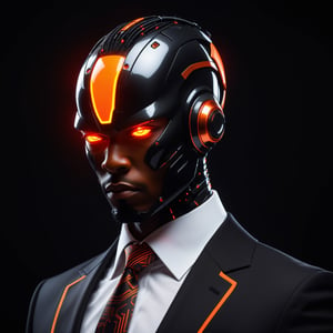 A futuristic and sci-fi inspired prompt: Capture the essence of a solitary black cyborg head with glowing orange lights, devoid of traditional facial features. Dressed in a sleek black business suit, white shirt, and a vibrant red necktie, the cyborg strikes a butler pose, looking directly at the viewer. The close-up, front shot composition against a black background intensifies the enigmatic aura. Emphasize the sleekness and advanced technology, highlighting the cyborg's unique presence and commanding presence.,pixel style