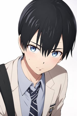 1male,masterful,White_background, solitary male figure, gazing directly at the viewer, high-quality details, nagi_umino's, original_character, black hair, blue eyes, framed by his bangs, school uniform, focusing on his upper body.