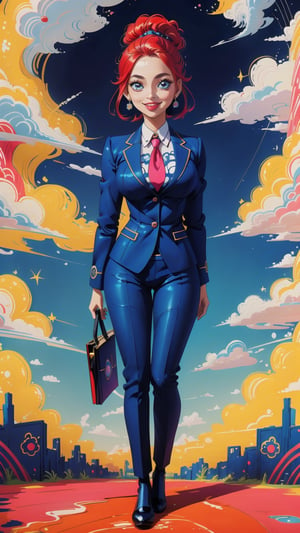 (full body) blue Business suit,girl in vibrant painting. Render this in an anime style, focusing on the her cute, perfect eyes and intricate patterns on its body, smiling at the camera,ink scenery,mythical clouds,High detailed.