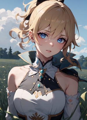 Jean, daytime art illustration features a woman with short, wavy hair and a high-detailed upper body, accentuated by a clear background and somber lighting, showcasing a subtle, poetic death in an open field.