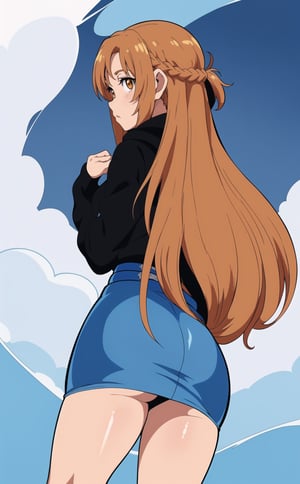 A girl, (((Black hoodie:1.2)), standing straight, calm, long hair, brown hair, braid,simple skirt, brown eyes, mater piece, highly detailed, high_res, ((Long blue skirt:1.2)), tight skirt, back view, fully dressed, Winter, sexy, Closed view, anime, Cool anime artwork.,Belted Skirt,aaasuna, (perfect neck:1).
