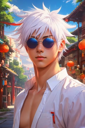 1 male, 3d anime style, masterpiece, digital art, gojo, half body portrait,white hairs, blind fold,summer sleeveless shirt, complex and detailed background, fantastic realism, dynamic lighting, vivid colors with breathtaking beauty, volumetric light, auras, perfection, ultra-highly detailed and colorful 32k digital painting style, flair of Greg Rutkowski's 3D style and Detailmaster2's expertise.,aw0k euphoric style