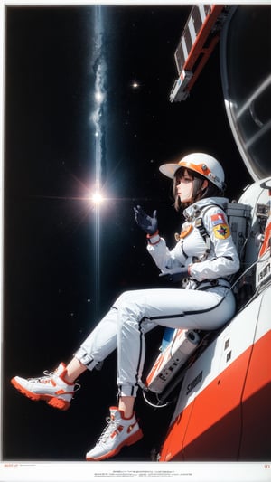 1girl,flat_breasts,cute,beautiful detailed eyes,shiny hair,visible through hair,hairs between eyes, CCCPposter, sovietposter,red monochrome,soviet poster, soviet,communism, Black_hair,red_eyes,vampire,teenage,poorbreast,Spacesuit:Orange_clothing_body:jumpsuit),white_gloves, white_space shoes, white_helmet, the CCCP red letters on the top of helmet, weightlessness, Side light, reflection, The person in the spacesuit is at the bottom left of the frame, The right hand is outstretched, the right hand gently touches the Salyut space station), Space station in the upper right corner of the screen, Reflected light from the sun, Silver metal,red flag, brilliance,USSR style, diffuse reflection, Metallic texture, The vista is a blue Earth,mecha style,the sea of star,high tone, magnificent
