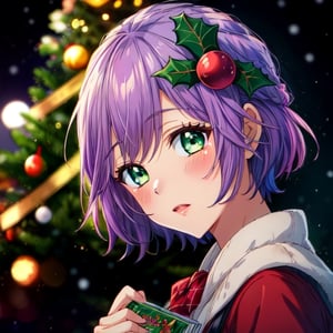 1girl, face portrait, purple short hairs, green eyes, A high-quality, high-res masterpiece, matured female, Anime & Comic Book style, hair ornaments, blushing, Christmas tree in the background(( deep depth of field:1.4)) hiro_segawa.,,