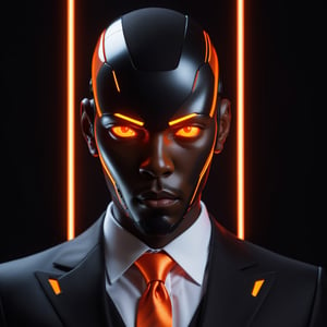 futuristic, sci-fi, solitary black cyborg head, with glowing orange lights, sleek black business suit, white shirt, vibrant red necktie, a butler pose, looking at the viewer, close-up, front shot, black background, enigmatic aura, advanced technology.