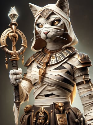 bastet, 1women, a female bastete in a bandages,sexy body, skinny,sexy pose, mummy, holding a magic statt with symbols in it, spiked shoulder plates, glowing white eyes, leather belt on chest, staff on the back.