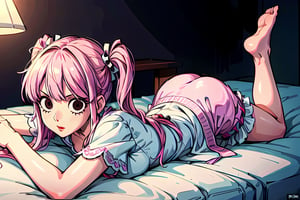 perona, perona in the motel, perona in pajamas, sexy pose, sensual girl, girly, beautiful ass, medium ass, (best quality, masterpiece, illustration, designer, lighting), (extremely detailed CG 8k wallpaper unit), (detailed and expressive eyes), detailed particles, beautiful lighting, Perona lying down pose. black eyes, rounded eyes, perfect, red lipstick, red lips