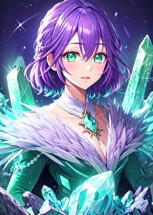 1women,hiro_segawa, surrounded by crystals, phgems, crystal, gem,gems of colors(white, blue,green),phgems, green eyes, purple hairs.