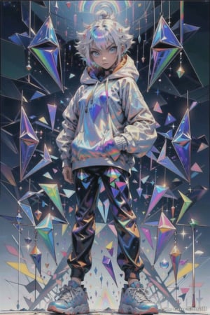 ((a young anime women:1.2)), ((long white hair:1)), blue eyes, wearing a hoodie and sneakers,((standing:1.2)),surrounded by colorful geometric shapes shapes(rainbow holographic, rainbow colors,iridescent, prismatic, spectral and shimmering,High detailed ,Color magic