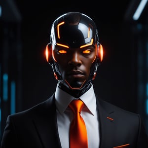 A futuristic and sci-fi inspired prompt: Capture the essence of a solitary black cyborg head with glowing orange lights, devoid of traditional facial features. Dressed in a sleek black business suit, white shirt, and a vibrant red necktie, the cyborg strikes a butler pose, looking directly at the viewer. The close-up, front shot composition against a black background intensifies the enigmatic aura. Emphasize the sleekness and advanced technology, highlighting the cyborg's unique presence and commanding presence.
