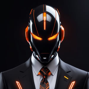 futuristic, sci-fi, face covered with cool robotic armor, solitary black cyborg head, with glowing orange lights, sleek black business suit, white shirt, vibrant red necktie, a butler pose, looking at the viewer, close-up, front shot, black background, enigmatic aura, advanced technology.