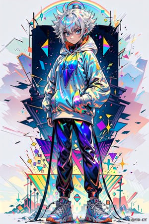 ((a young anime women:1.2)), ((long white hair:1)), blue eyes, wearing a hoodie and sneakers,((standing:1.2)),surrounded by colorful geometric shapes shapes(rainbow holographic, rainbow colors,iridescent, prismatic, spectral and shimmering