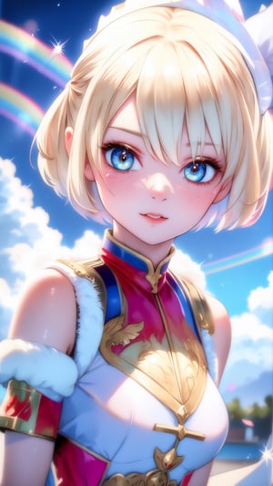 1 girl, blond hairs, short hairs, A breathtaking fusion of realism and surrealism as a vivid, mist-covered Santa girl, composed entirely of vibrant clouds, floats in a rainbow-filled sky.