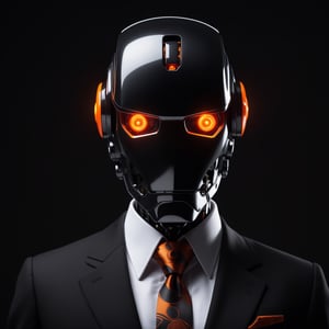 solo, robot, cyborg head (Black) with orange lights without mouth nose or eyes,
business suit black, white shirt, red necktie, butler pose, looking at viewer, front shot, close up, black background