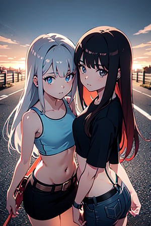 two girl's asses stacked one above the other007 anime girl in mini skirt, epic anime art, thin waist, beautiful figure, wide hips, sexy, teen, belts, holster, crop top, (best quality, ultra quality), long hair, gray hair, split colors hair, detailed face, detailed eyes, cute eyes, perfect lighting, HD, 8k, glossy skin, masterpiece, digital art, intricate details, highly detailed, volumetric lighting, background detiled, ue5, unreal engine 5, artstation, trending on artstation, post processing, line art, tiny details, colorful detailed illustration, street, cinematic, multiple light sources, sunset, body_piercings,View from above