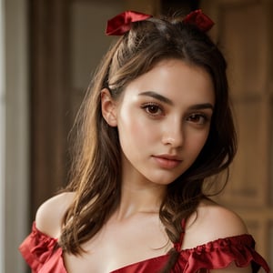 1 girl, full body ,25 years old, black big eyes (detail) beautiful expressive thin eyebrows, (detail), beautiful face, sweet, blond hair twisted into a Danish bun, with a red ribbon in her hair, red satin dress, bare shoulders (detail, masterpiece )