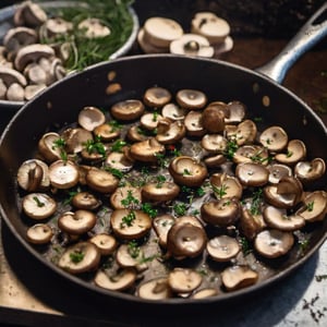 Chopped mushrooms in fryingpan, evening, dim light, cozy atmosphere, lots of butter, herbs