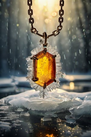 Hanging Amber Necklace encapsulated in thick ice, slowly melting, ice particles, frost, frosty surface, glimmering, shiny, hit by magical sunrays, highly detailed, highly realistic, snowing, capture loneliness and hope at the same time, thick chains, thick glistering ice, glinting