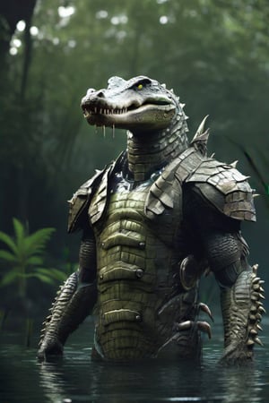 highres, 4k, highly detailed, highly realistic,

A muscular humanoid crocodile standing in a swamp, wearing a futuristic Chest Armor, Cybernetic Chest Armor, he has a big tail